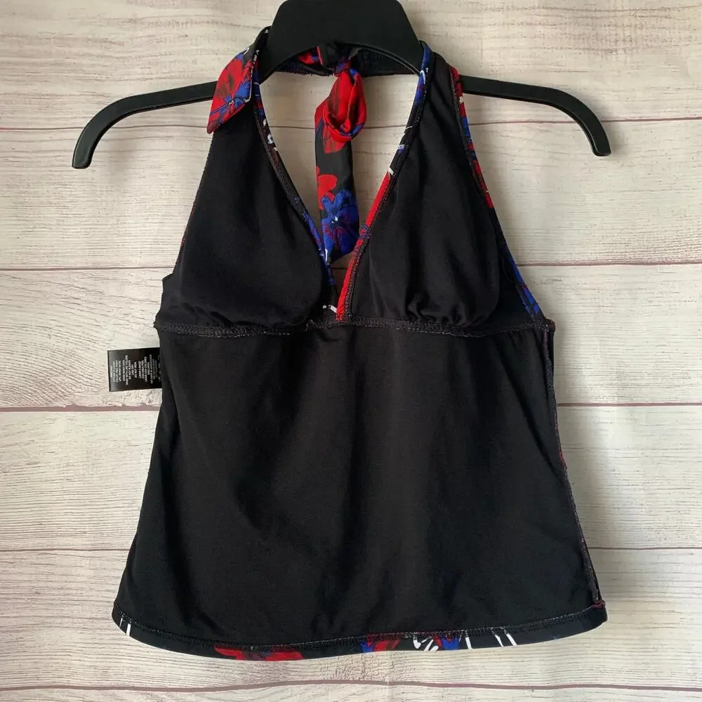 Catalina Floral Halter Tankini Swimsuit Top Red White Blue Size S (4-6)